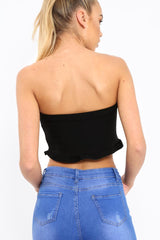 Black Lace Up Front Frill Bandeau Crop Top - Cyndi