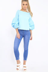 Light Blue Ruched Sleeve Top - Troy
