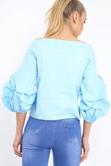 Light Blue Ruched Sleeve Top - Troy