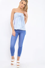 Blue Stripe Bardot Tie Around The Waist Top - Harriet