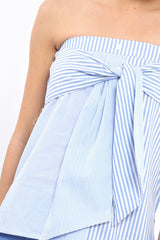 Blue Stripe Bardot Tie Around The Waist Top - Harriet