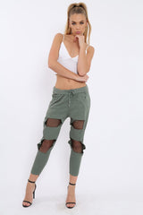 Khaki Fish Net Panel Detail Joggers - Mikaela