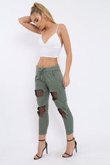 Khaki Fish Net Panel Detail Joggers - Mikaela