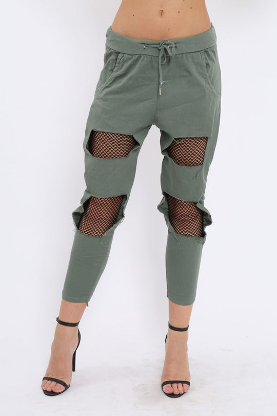 Khaki Fish Net Panel Detail Joggers - Mikaela