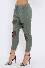 Khaki Fish Net Panel Detail Joggers - Mikaela