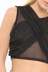 Black Cross Over Mesh Crop Top - Mayce