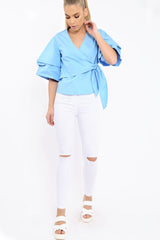 Blue Tie Around The Waist Ruched Sleeve Top - Eillish