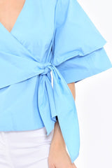 Blue Tie Around The Waist Ruched Sleeve Top - Eillish
