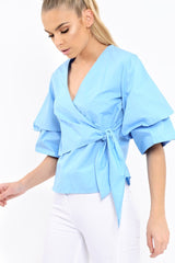 Blue Tie Around The Waist Ruched Sleeve Top - Eillish