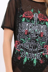 Black Mesh 'Rock & Roll Star' Graphic T-Shirt Dress - Margot