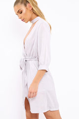 Grey High Neck Plunge Tie Waist Dress - Trinity