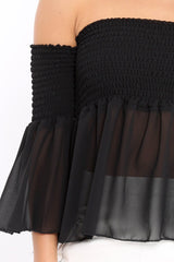 Black Shirred Chiffon Bardot Top - Libbie