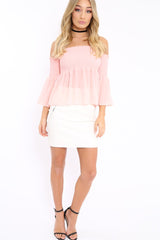 Pink Shirred Chiffon Bardot Top - Libbie