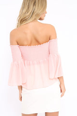 Pink Shirred Chiffon Bardot Top - Libbie