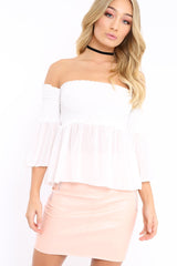 White Shirred Chiffon Bardot Top - Libbie