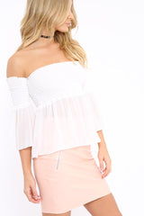 White Shirred Chiffon Bardot Top - Libbie