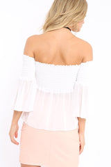 White Shirred Chiffon Bardot Top - Libbie