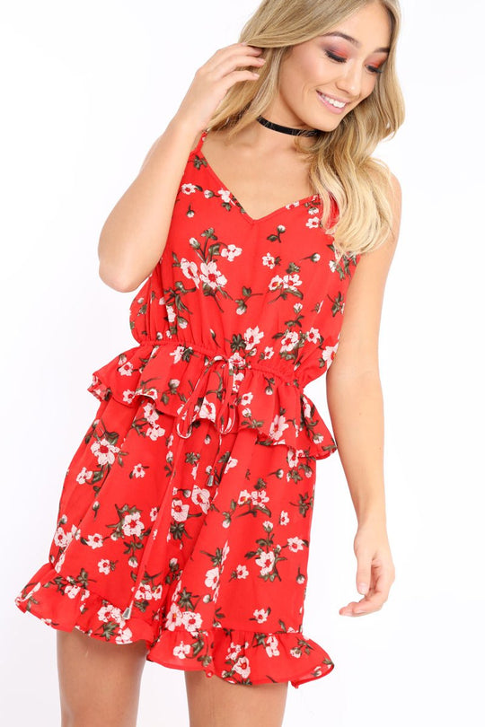 Red Floral Frill Playsuit - Alina