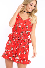 Red Floral Frill Playsuit - Alina