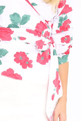 White & Red Floral Print Ruffle Sleeve Wrapover Top - Susie