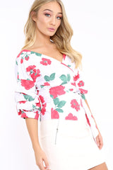 White & Red Floral Print Ruffle Sleeve Wrapover Top - Susie