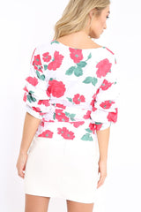 White & Red Floral Print Ruffle Sleeve Wrapover Top - Susie