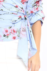 Blue Floral Print Ruffle Sleeve Wrapover Top - Susie