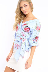 Blue Floral Print Ruffle Sleeve Wrapover Top - Susie