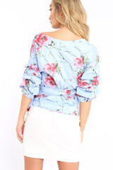 Blue Floral Print Ruffle Sleeve Wrapover Top - Susie
