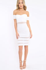 White Mesh Insert Bardot Bodycon Dress - Camila