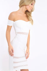 White Mesh Insert Bardot Bodycon Dress - Camila