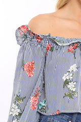 Navy Stripe Floral Print Bardot Top - Bek