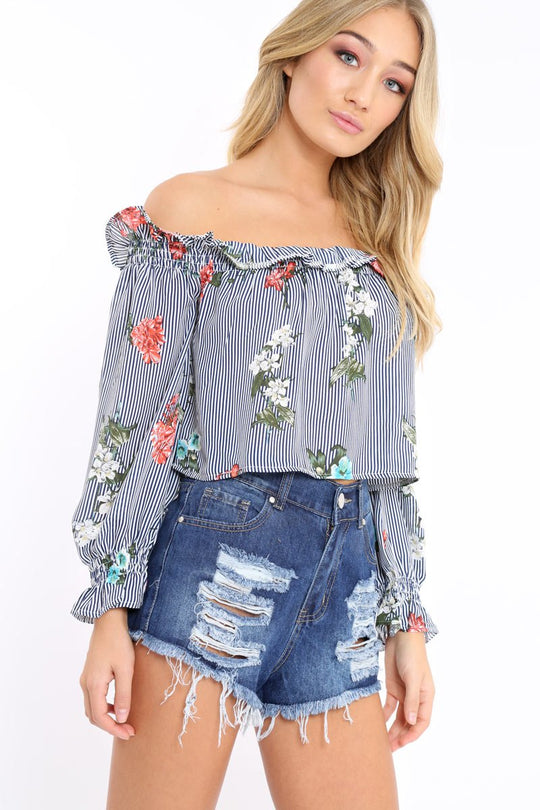 Navy Stripe Floral Print Bardot Top - Bek