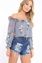 Navy Stripe Floral Print Bardot Top - Bek