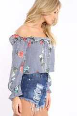 Navy Stripe Floral Print Bardot Top - Bek