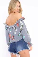 Navy Stripe Floral Print Bardot Top - Bek