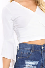White Plunge Bell Sleeve Crop Top - Merla