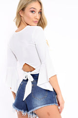 White Plunge Bell Sleeve Crop Top - Merla