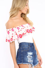 White Floral Print Bardot Frill Bodysuit - Klaudia