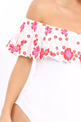 White Floral Print Bardot Frill Bodysuit - Klaudia