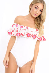 White Floral Print Bardot Frill Bodysuit - Klaudia