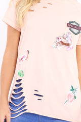 Pink Distressed Embellished T-Shirt - Arya