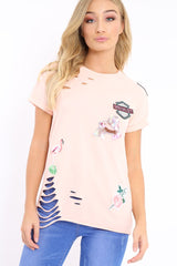 Pink Distressed Embellished T-Shirt - Arya