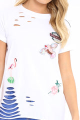 White Distressed Embellished T-Shirt - Arya