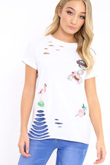 White Distressed Embellished T-Shirt - Arya