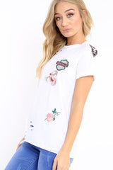 White Distressed Embellished T-Shirt - Arya