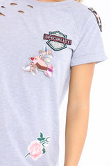 Grey Distressed Embellished T-Shirt - Arya