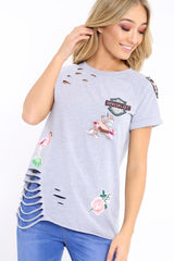 Grey Distressed Embellished T-Shirt - Arya