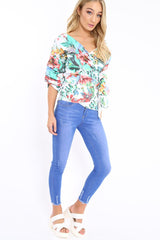 White Tropical Print Ruffle Sleeve Wrapover Top - Susie