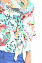 White Tropical Print Ruffle Sleeve Wrapover Top - Susie